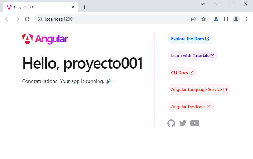 ejecución de proyecto en Angular en el navegador