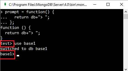 MongoDB shell JavaScript prompt mostrando la base de datos en uso