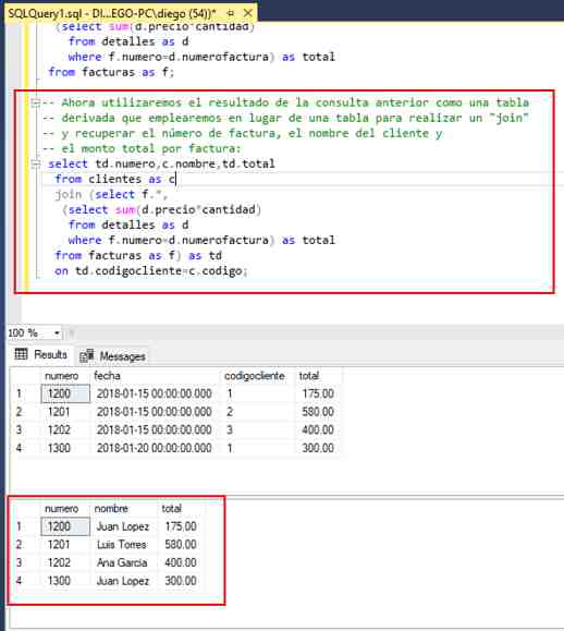 SQL Server Management Studio ejecución subconsultas en lugar de tabla