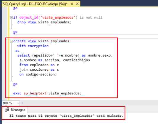SQL Server Management Studio ejecución create view with encryption