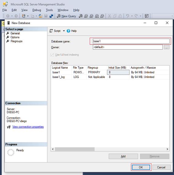 creacion base de datos con el SQL Server Management Studio