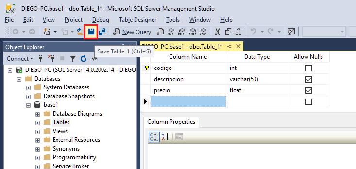 creacion de una tabla con el SQL Server Management Studio