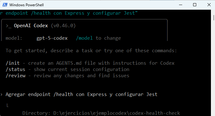 codex exec Agregar endpoint /health con Express y configurar Jest