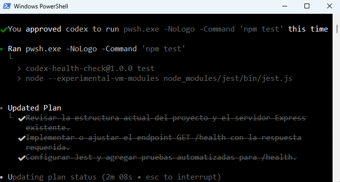 codex exec Agregar endpoint /health con Express y configurar Jest