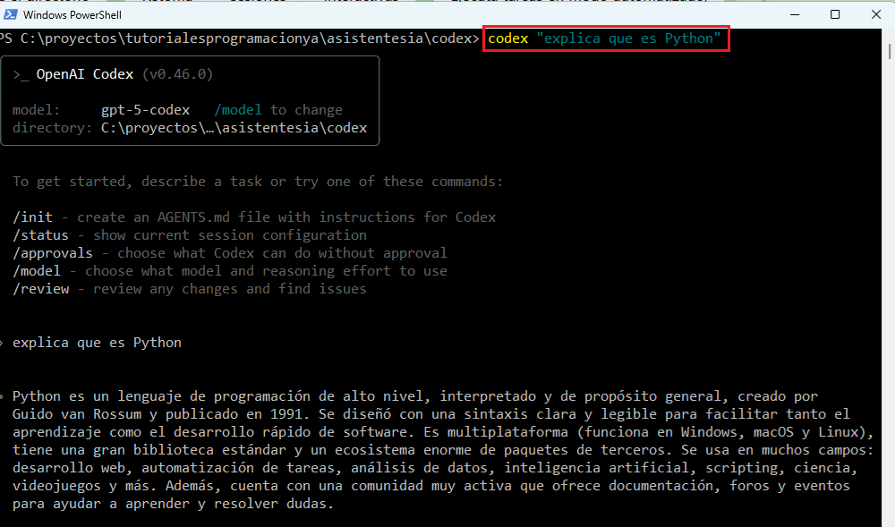 ejecucion codex con comando interactivo