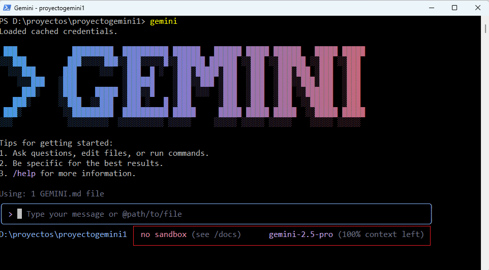 modelo activo y estado del sandbox de Gemini CLI