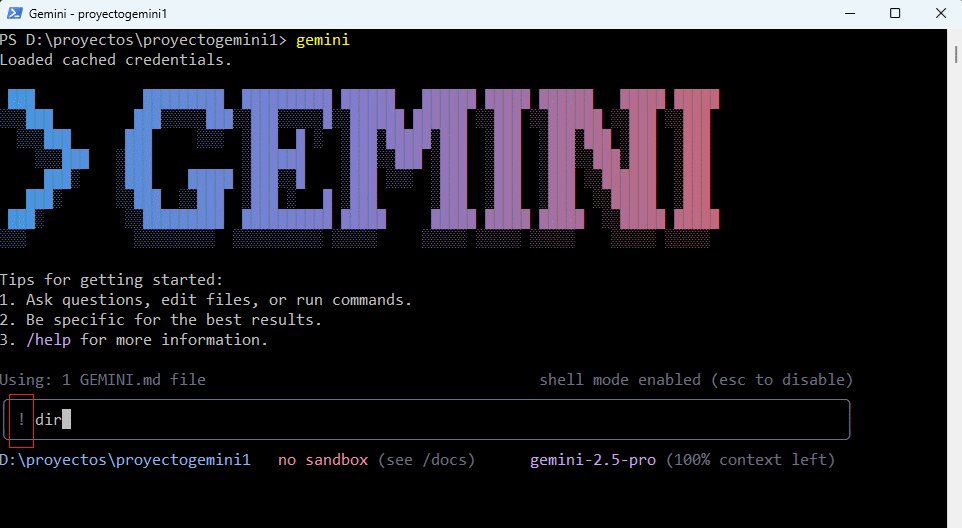 shell embebido con el caracter ! Gemini CLI