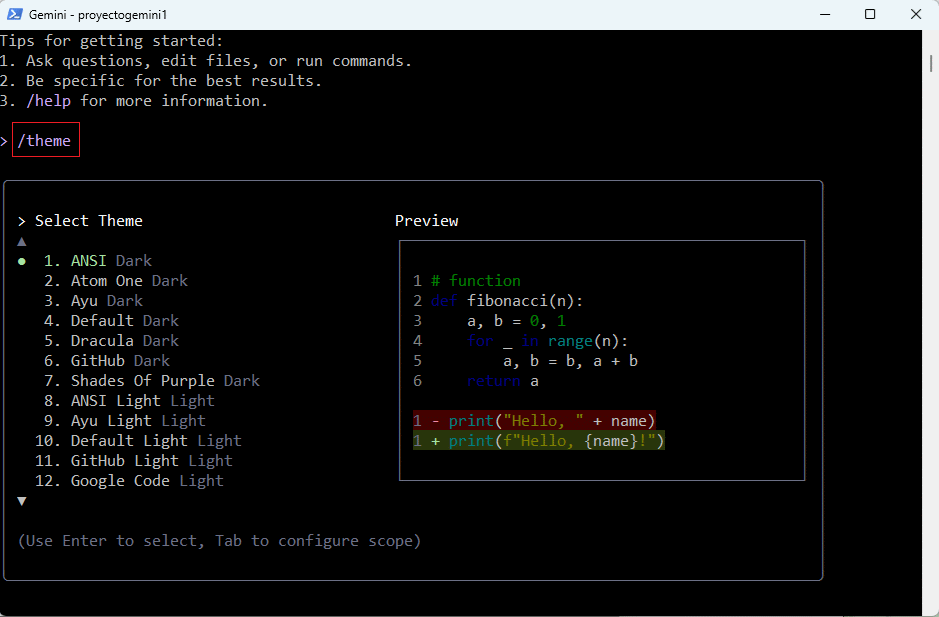 seleccion theme Gemini CLI