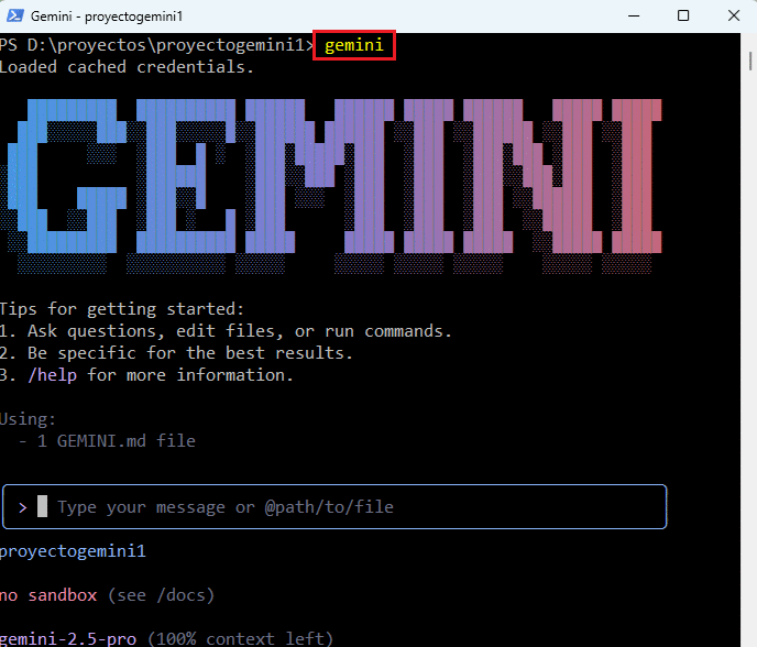 Vista de la interfaz interactiva de Gemini CLI mostrando panel de chat y barra de herramientas