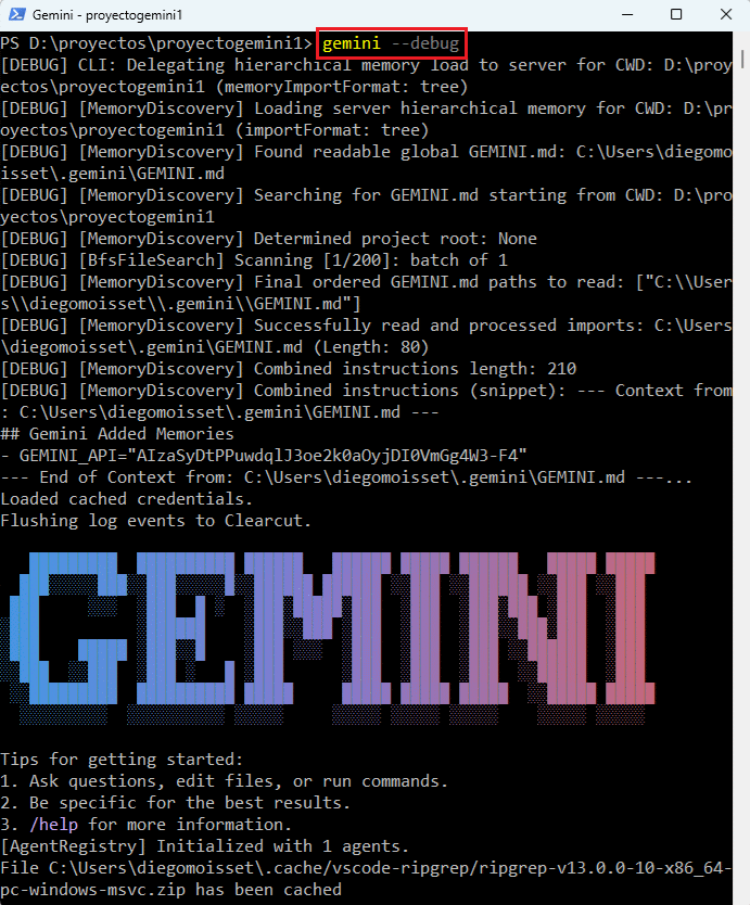 Arrancar Gemini CLI con modo --debug 