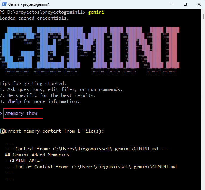 Arrancar Gemini CLI /memory show 