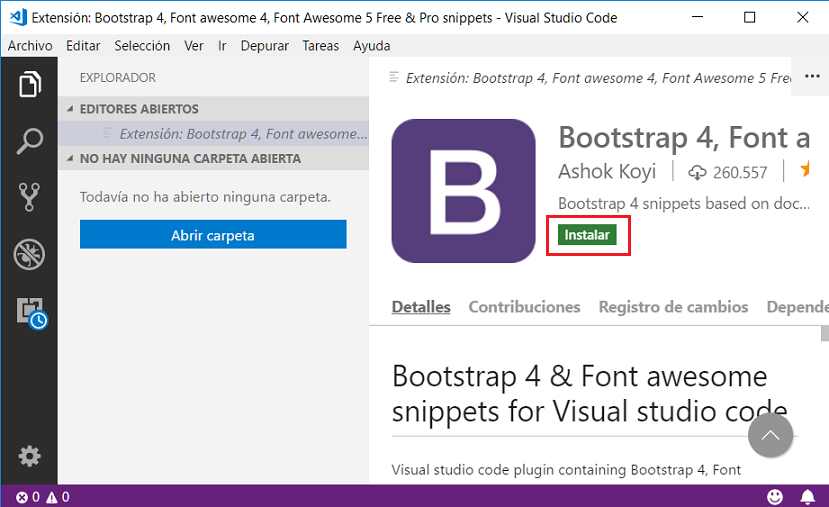 Editor de texto VS Code : extensiones de Bootstrap 4