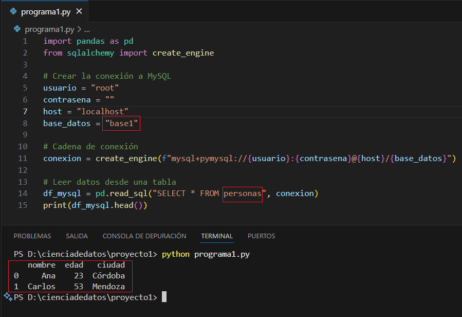 Datos cargados desde MySQL en un DataFrame de Pandas