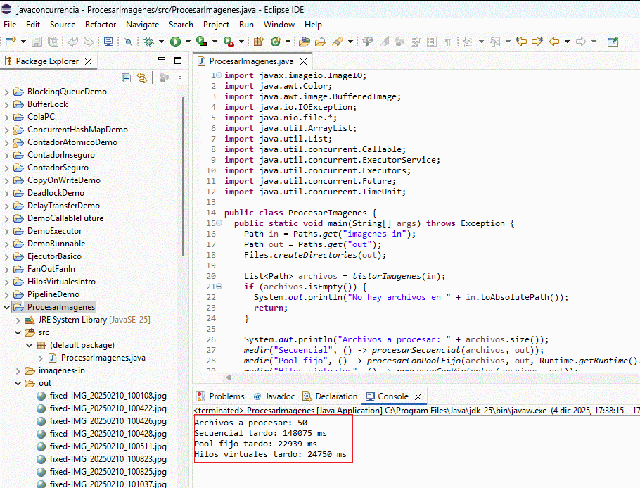 Comparación de tiempos secuencial vs pool fijo vs hilos virtuales