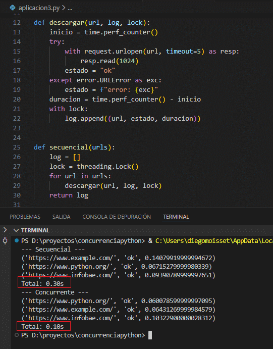 Comparación de tiempos entre descarga secuencial y concurrente usando hilos en Python
