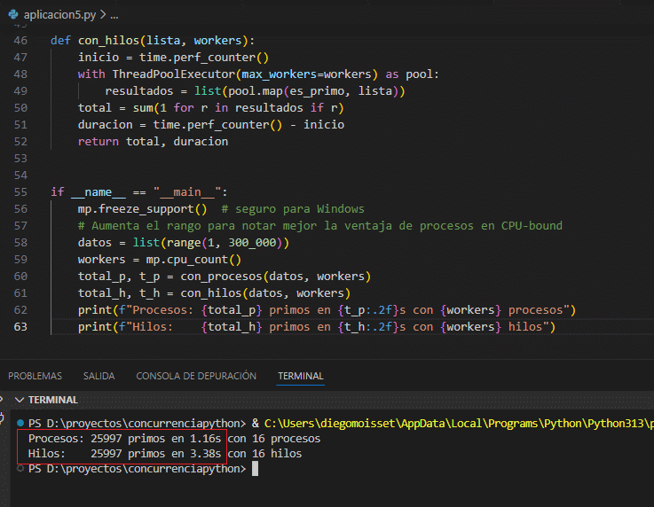 Comparación de tiempos entre procesos y hilos en carga CPU-bound