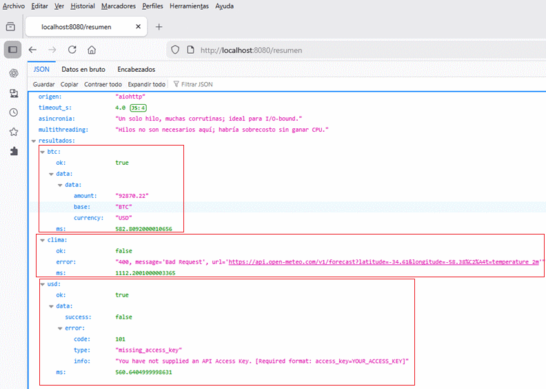 Respuesta JSON del servidor asincrónico consultando APIs en paralelo