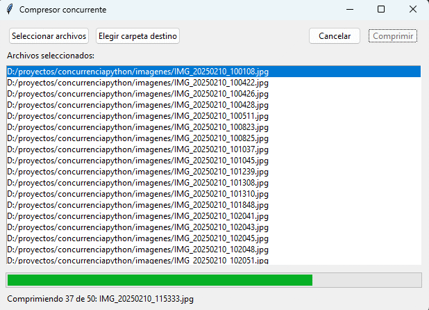 Interfaz del compresor concurrente con progreso y botones de control