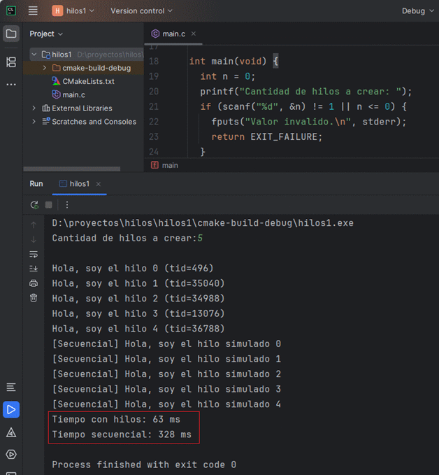 Salida de ejemplo con varios hilos creados en Windows y sus tiempos de ejecución