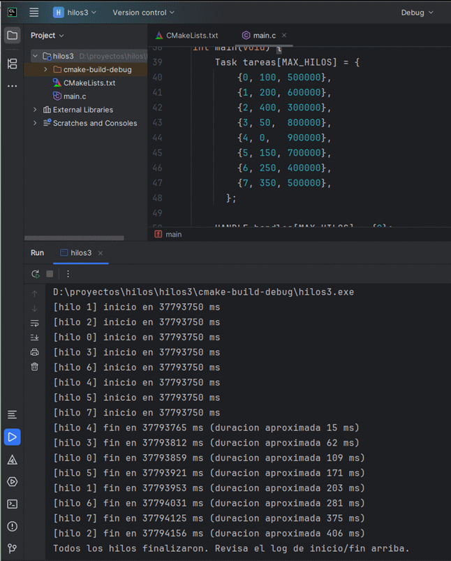 Log de hilos en Windows mostrando intercalado de ejecuciones con distintos Sleep y prioridades