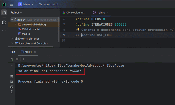 Comparación visual de resultados con y sin protección de lock en el contador global
