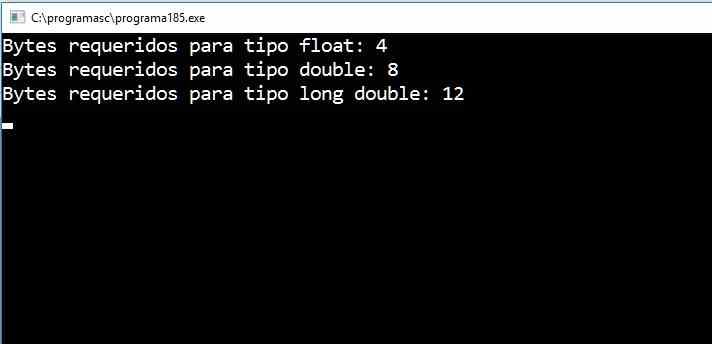 tamaños en bytes de tipos de datos decimales: float double y long double