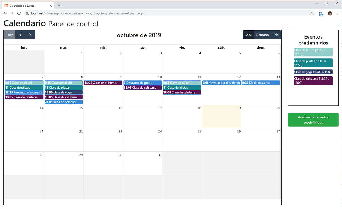 Calendario de eventos php