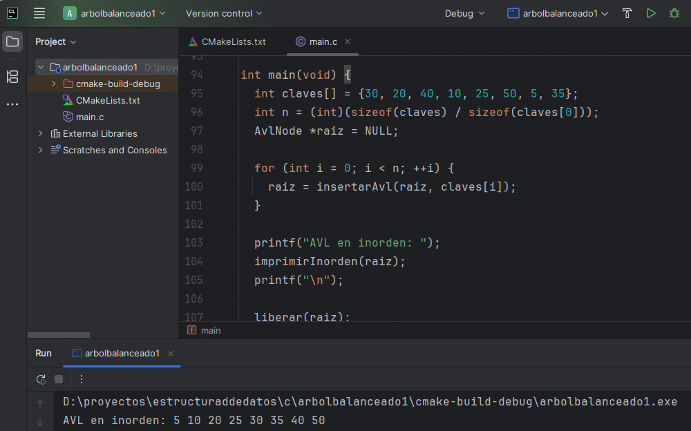 Visualización de un árbol AVL equilibrado