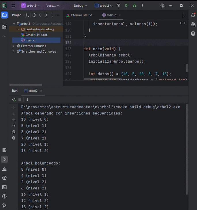 Representación de un árbol binario construido