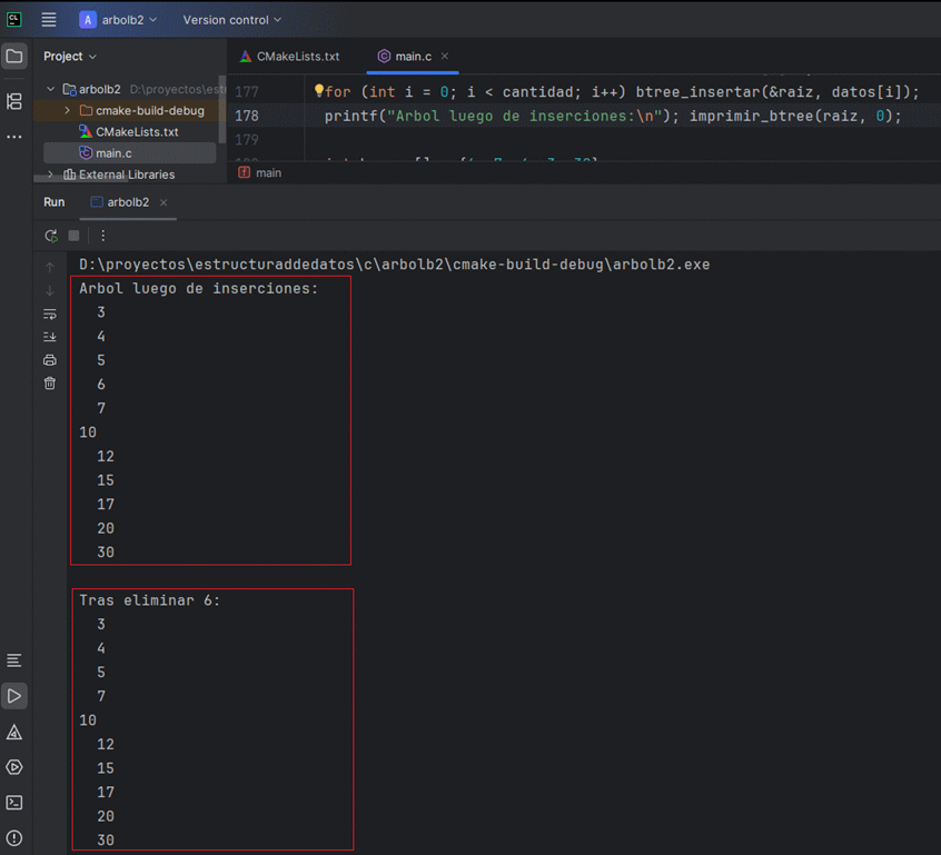 Ejemplo visual de eliminación en árbol B