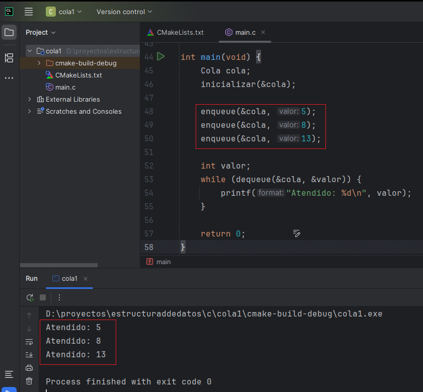 Simulación visual de operaciones en la cola