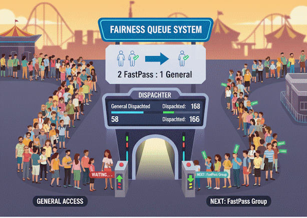 Diagrama de cola general y FastPass con proporción 2 a 1