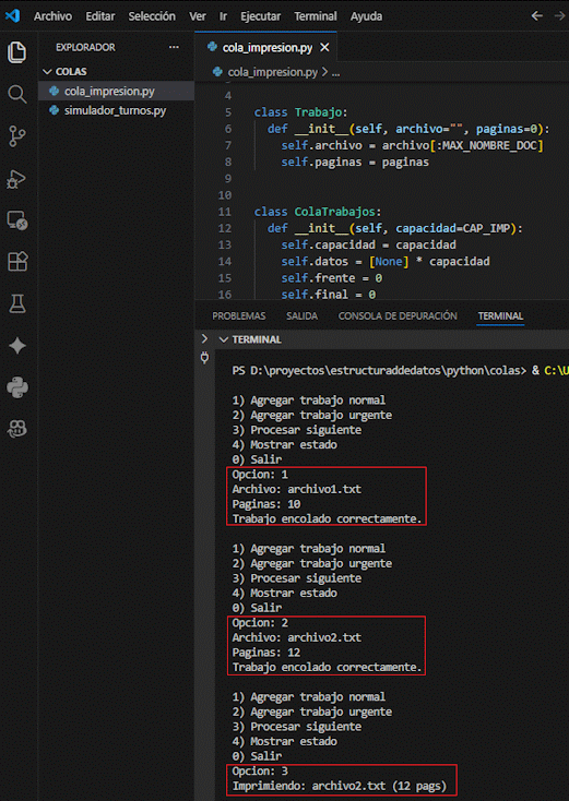 Vista general del gestor de impresión con colas por prioridad