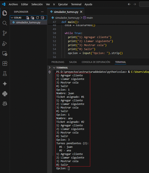 Flujo general del simulador de turnos con cola circular