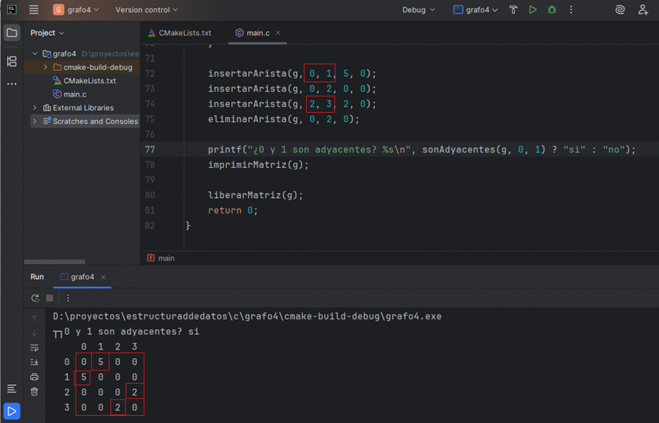 Salida en consola de una matriz de adyacencia