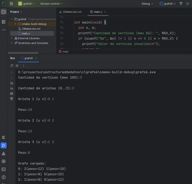 Ejemplo de carga de grafo por teclado