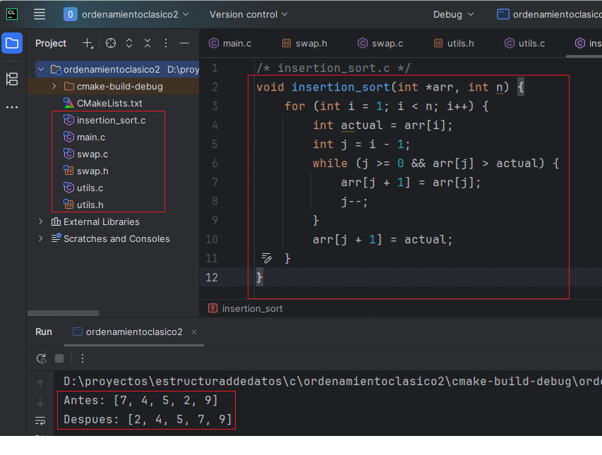 Inserción paso a paso en Insertion Sort