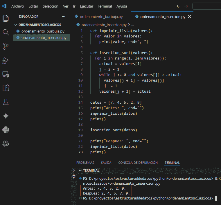 Inserci&oacute;n paso a paso en Insertion Sort