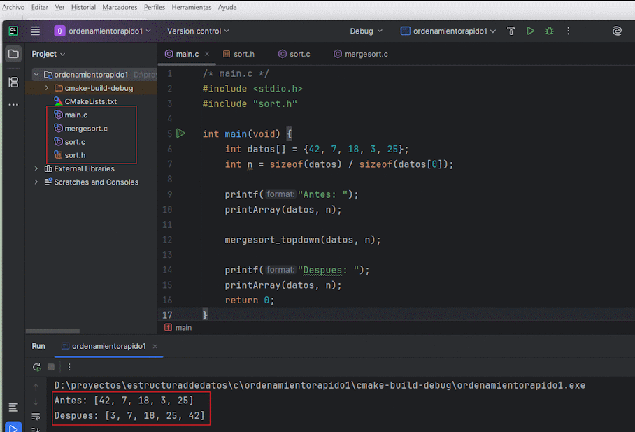 Ilustración de MergeSort combinando subarrays