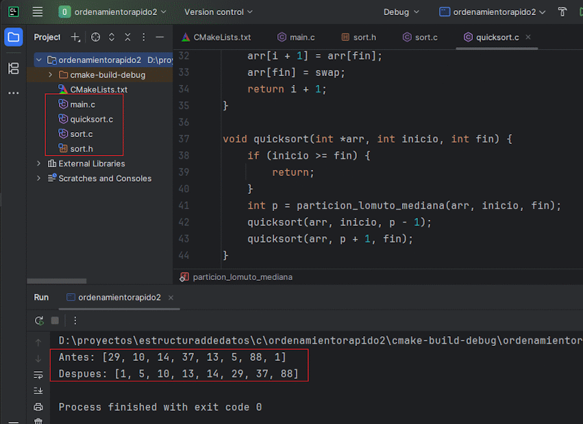 Ilustración de QuickSort particionando un array
