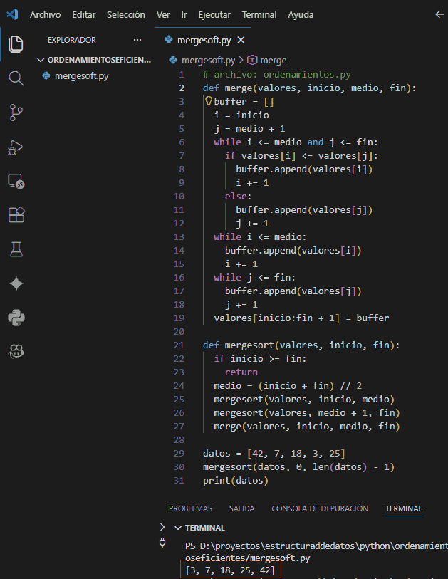 Ilustraci&oacute;n de MergeSort combinando subarrays