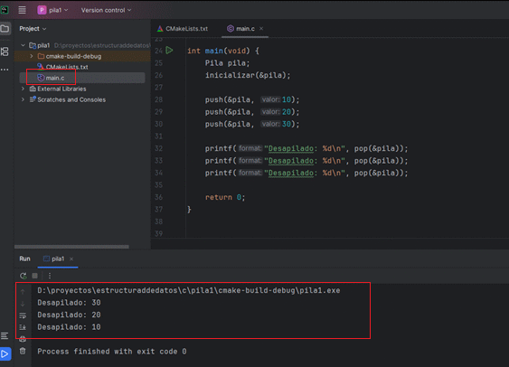 Diagrama de ejecuci&oacute;n de la pila en CLion