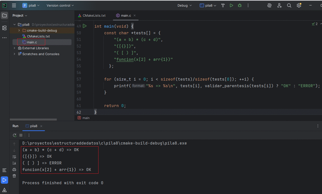 Salida de consola validando par&eacute;ntesis