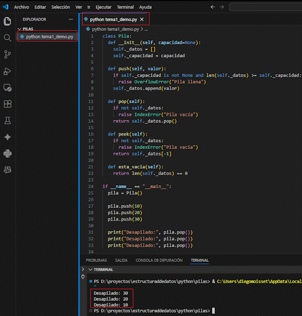 Diagrama conceptual de operaciones push y pop