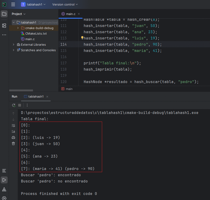 Salida de consola mostrando buckets con listas encadenadas
