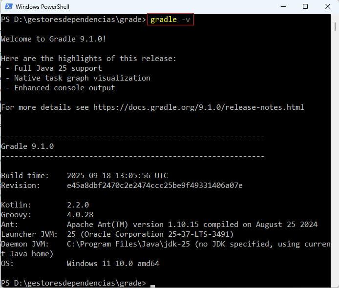 Validación del comando gradle -v