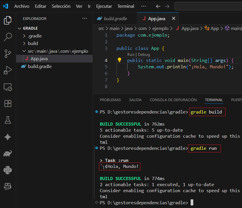 Salida de gradle run ejecutando la clase principal