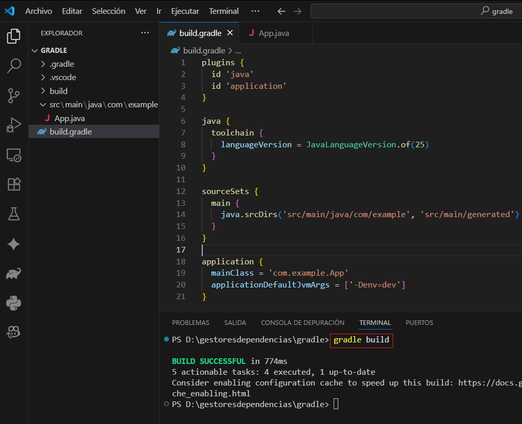 Configuración de la aplicación en Gradle con argumentos predeterminados