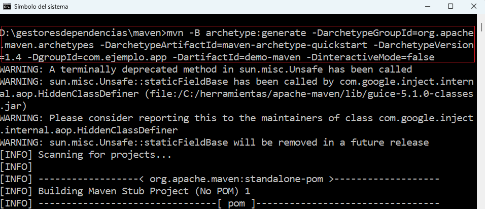 Ejecución de mvn archetype:generate en Windows