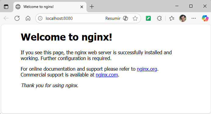 Salida del comando docker run para Nginx